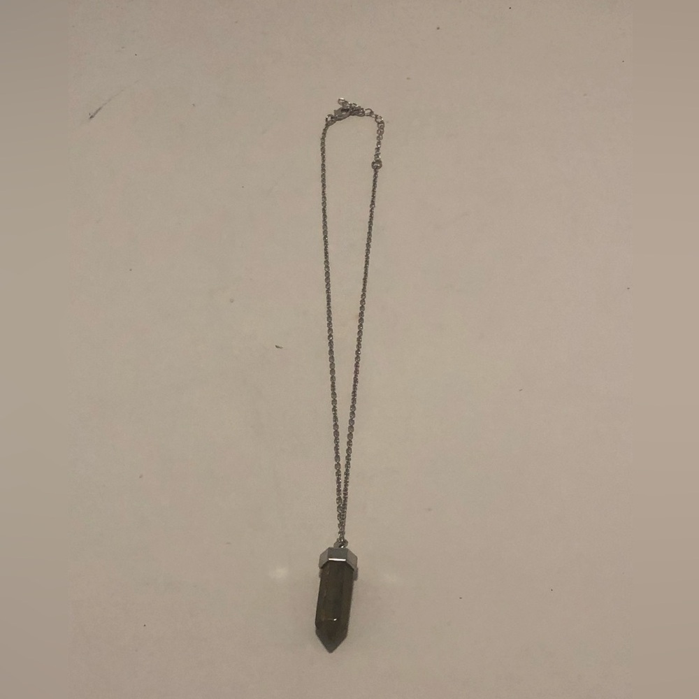 Tigers Eye Crystal Point Pendant on a Silver tone necklace chain